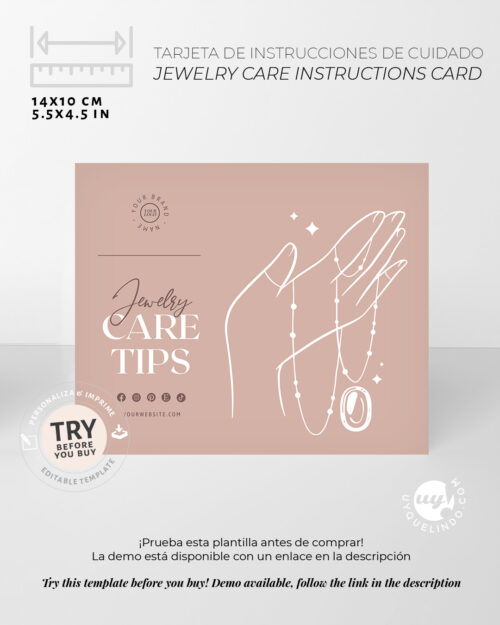 Tarjeta de instrucciones para el cuidado de joyas