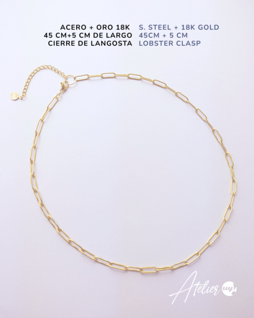 Collier en acier inoxydable plaqué or 18 carats avec fermoir mousqueton