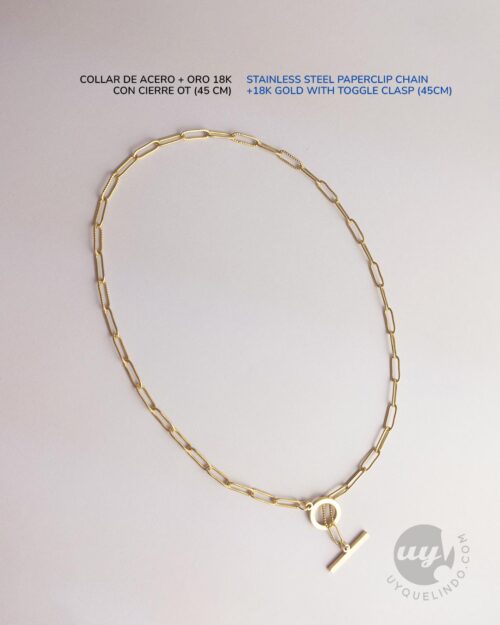 Collar de eslabón paper clip en acero chapado en oro 18k y cierre OT