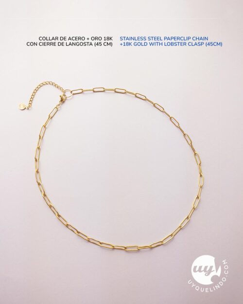 Collar básico paper clip de acero chapado en oro 18k y cierre de langosta