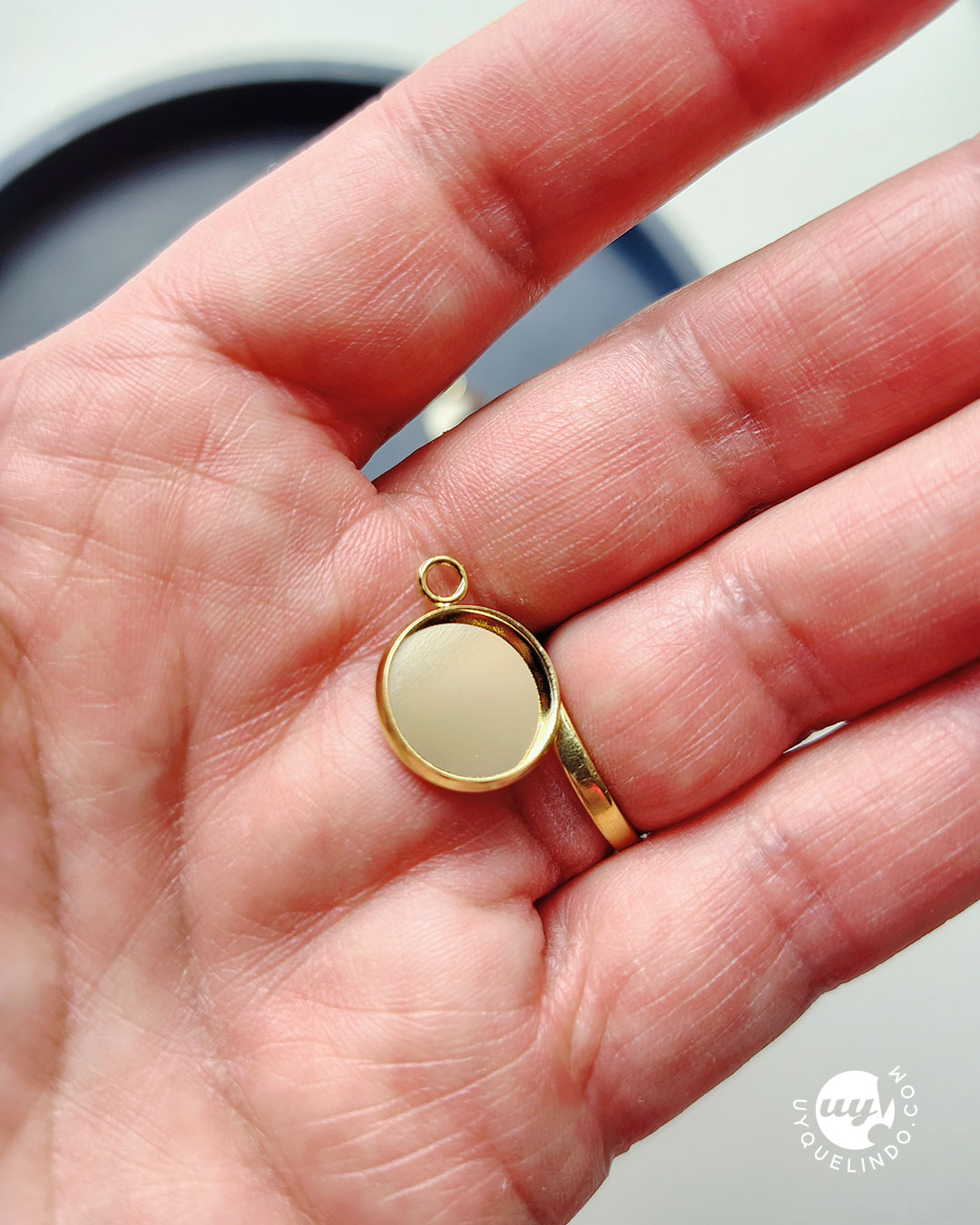 Colgante engaste para cabujón fondo plano 12 mm, acero inoxidable 304L, oro 24k
